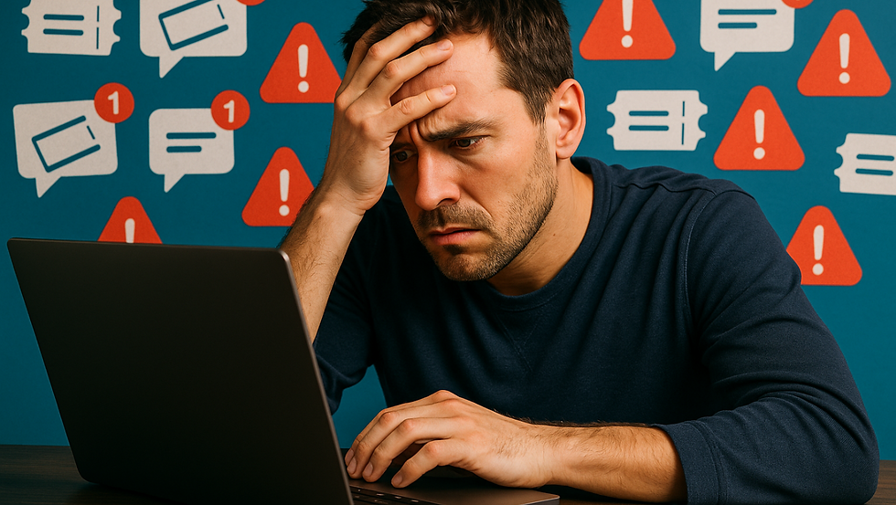 Imagem ilustrativa de jogador frustrado em frente ao computador, cercado por notificações que simbolizam repetição de tentativas de saque.