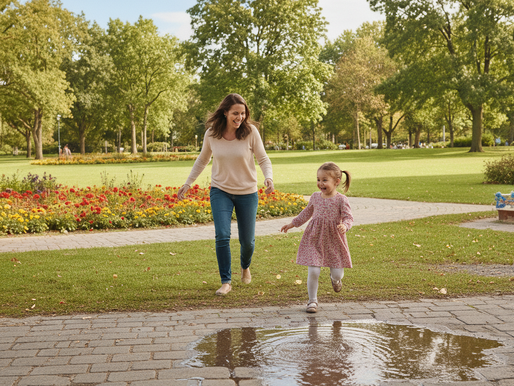 Mère et sa fille courant ensemble dans la nature, illustrant l'épanouissement de l'enfant et la relation parent-enfant.