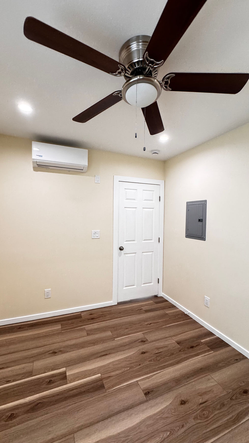 ceiling fan and lighting in converted garage interior