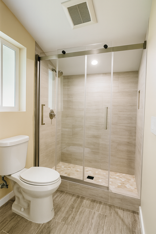 completed bathroom with shower in converted garage ADU