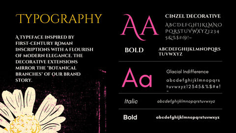 Typography styles with Roman and botanical elements.