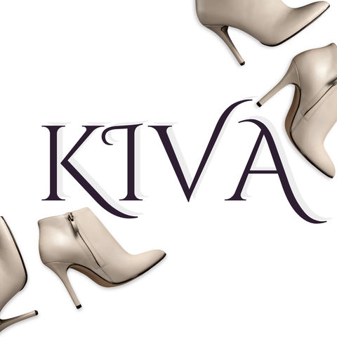 Beige high-heeled boots surrounding the word "KIVA".