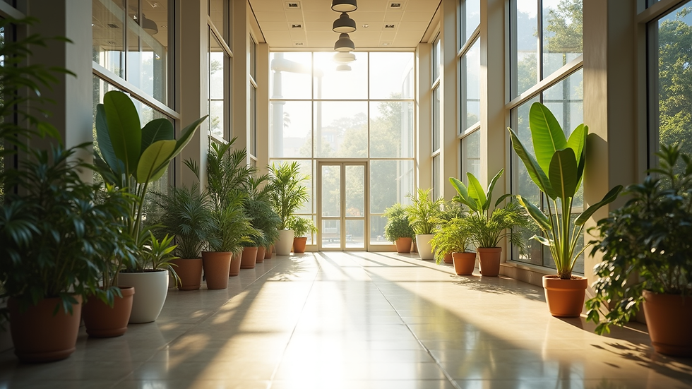 Eye-level view of a sustainable building interior with natural light and plants