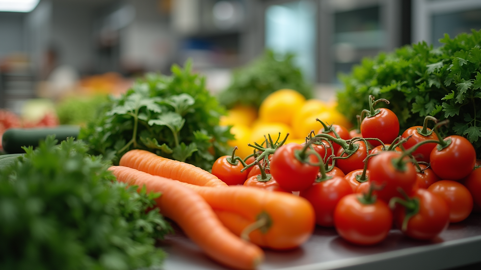 Close-up view of fresh vegetables in a kitchen prep area