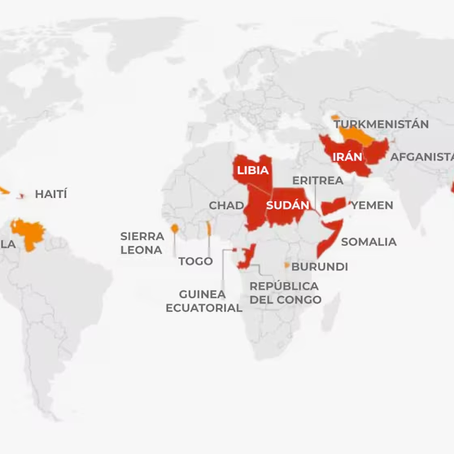 Mapa de países cuyos ciudadanos no podrán ingresar a los Estados Unidos (NY Times)