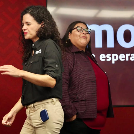 Luisa María Alcalde y Citlalli Hernández durante una conferencia de prensa de Morena el pasado 16 de abril. Foto Luis Castillo