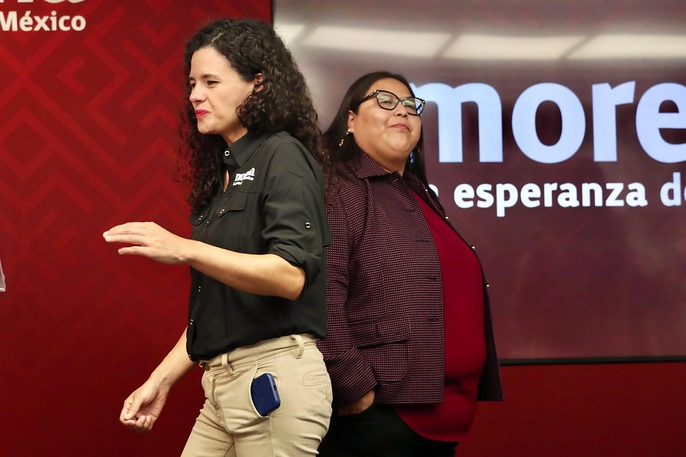 Luisa María Alcalde y Citlalli Hernández durante una conferencia de prensa de Morena el pasado 16 de abril. Foto Luis Castillo