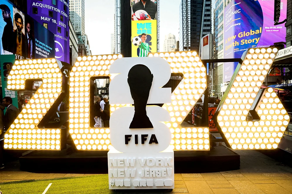 FILE PHOTO: The New York/New Jersey's FIFA World Cup 2026 logo is revealed during the kickoff event in Times Square in New York City, U.S., May 18, 2023. REUTERS/Brendan McDermid/File PhotoBrendan McDermid / REUTERS