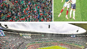 ▲ Fue feroz la disputa entre el mexicano César Montes y el inglés Harry Kane, quien logró marcar de penal. En tanto, la afición tricolor no dejó de alentar y mantuvo la ilusión hasta el final.Foto Marco Peláez