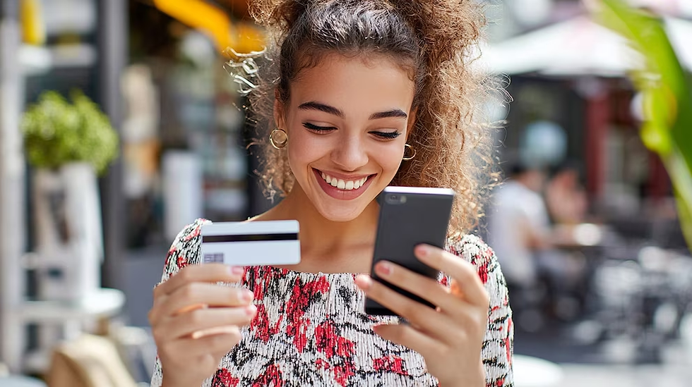 Mujer joven con expresión radiante sosteniendo un teléfono inteligente y una tarjeta de crédito blanca, lista para comprar en línea. - (Imagen Ilustrativa Infobae)