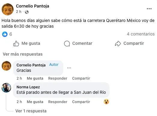 Reporte de tráfico en la México-Querétaro Foto: FB @CornelioPantoja