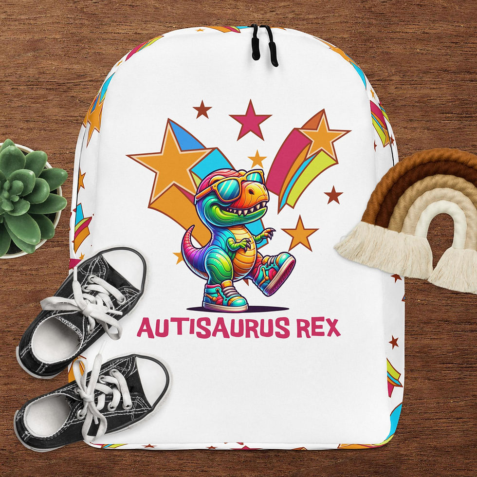 White backpack with colorful 'Autisaurus Rex' dinosaur design