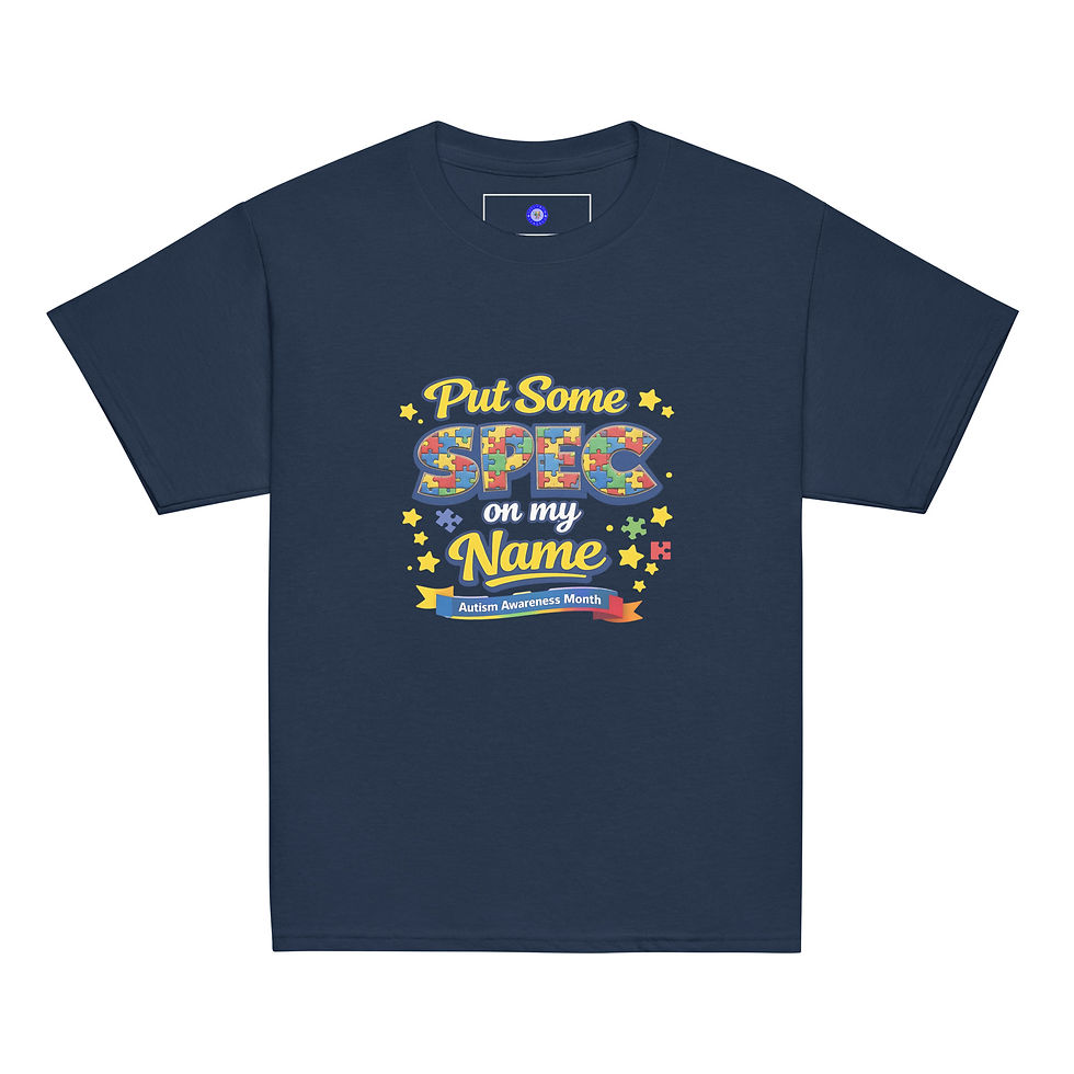 Thumbnail: Navy t-shirt with 'Put Some SPEC on my Name Autism Awareness' text.
