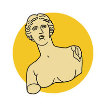 Lineart of the Venus de Milo on a round yellow background.