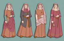 The same character wearing four different, but similar, outfits