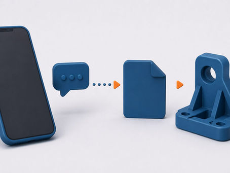 Isometric illustration of ordering a 3D print — a smartphone chat linked to a 3D file becoming a finished object