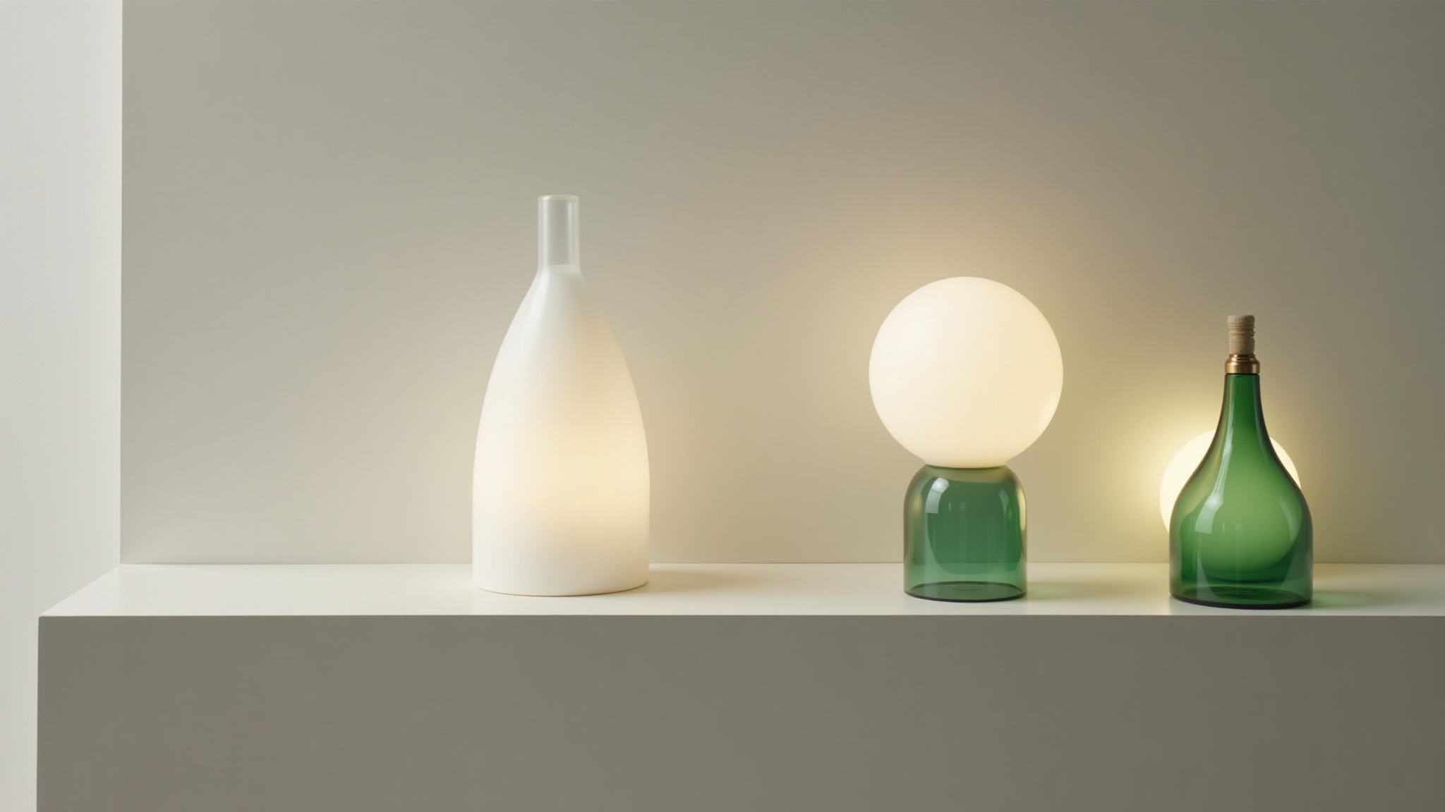 White and green decorative lamps on a shelf