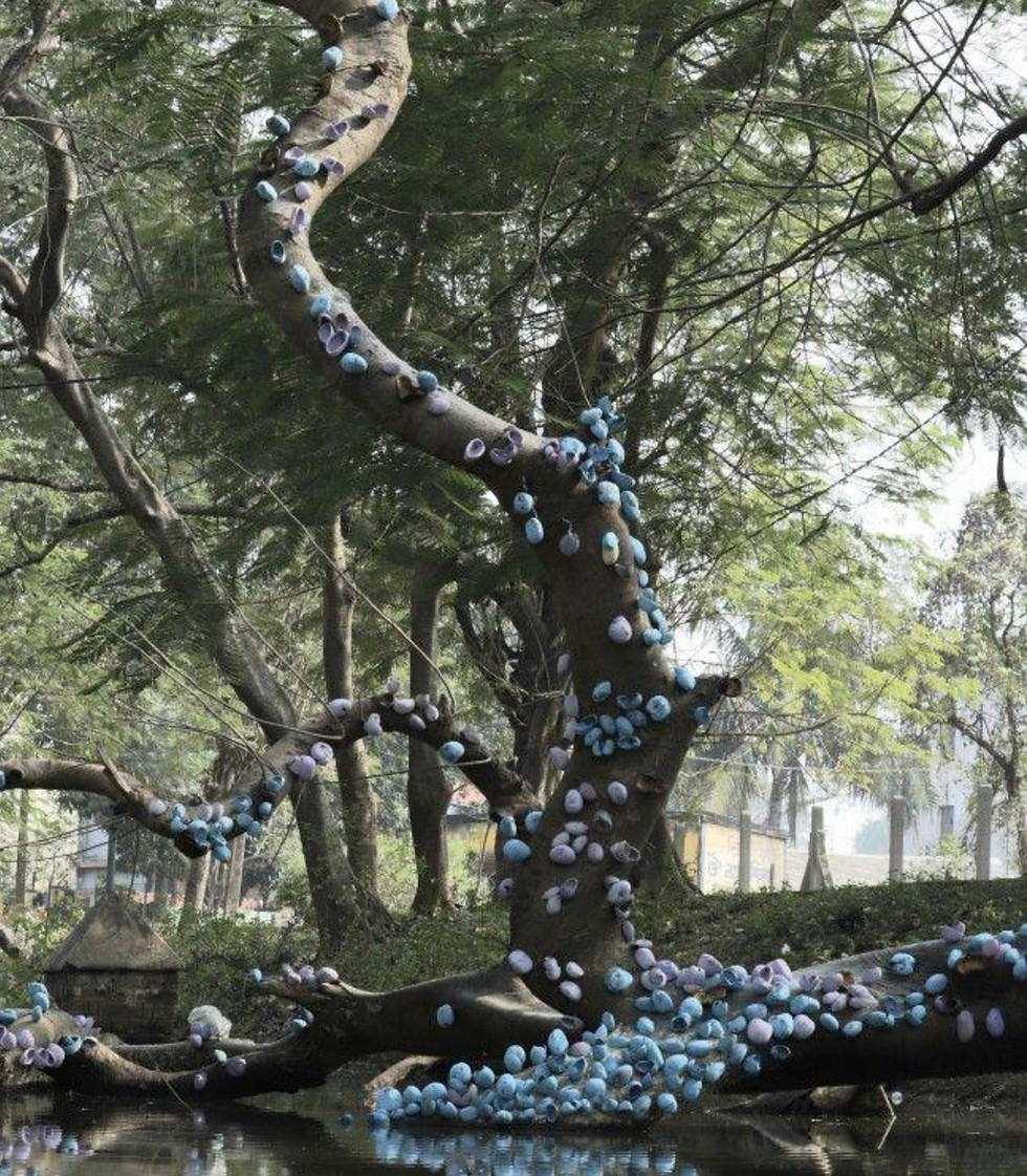 An outdoor on-site sculpture titled "New Life" by Ashish Ghosh