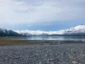 Beloit and Blackstone Glaciers, beach in foreground