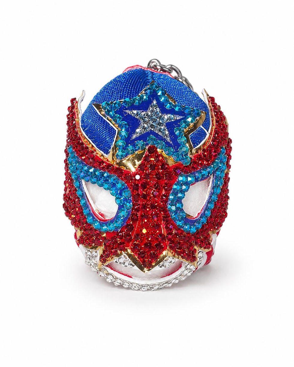 Thumbnail: Handmade Red, Blue & Gold Rhinestone Luchador Mask Keychain | Bedazzled