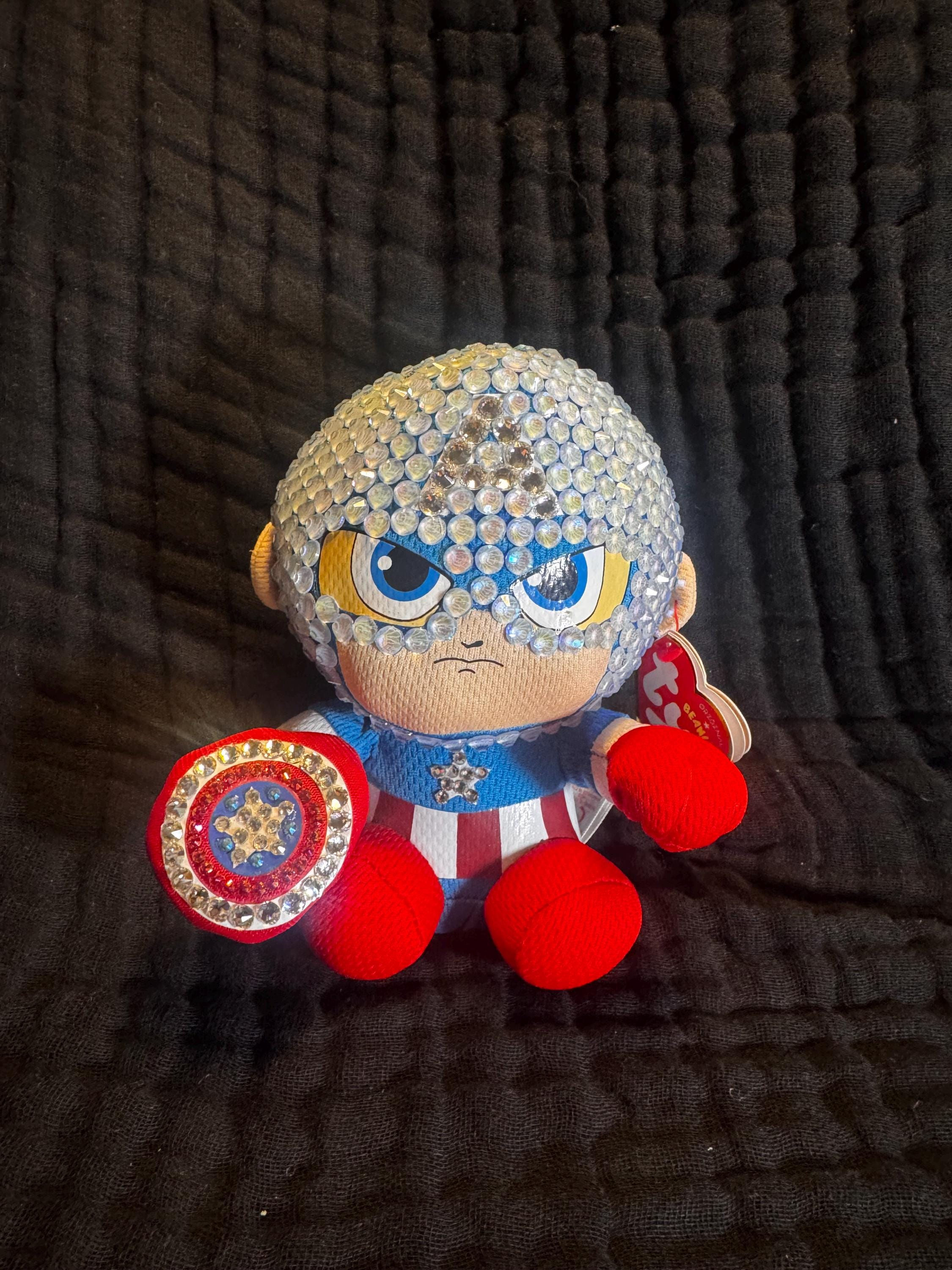 Rhinestone Patriotic Superhero Plush – Hand-Embellished Collector Display Piece