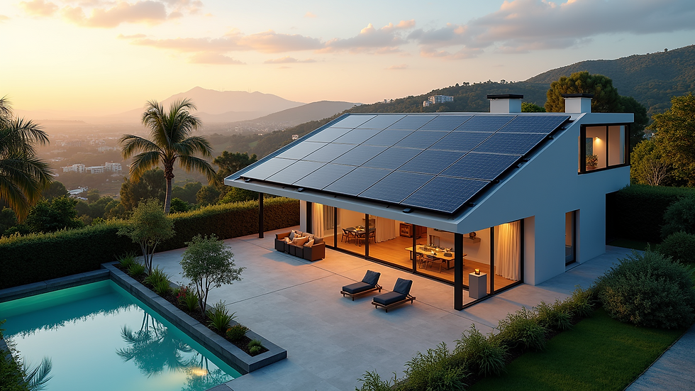High angle view of modern luxury home with solar panels on the roof