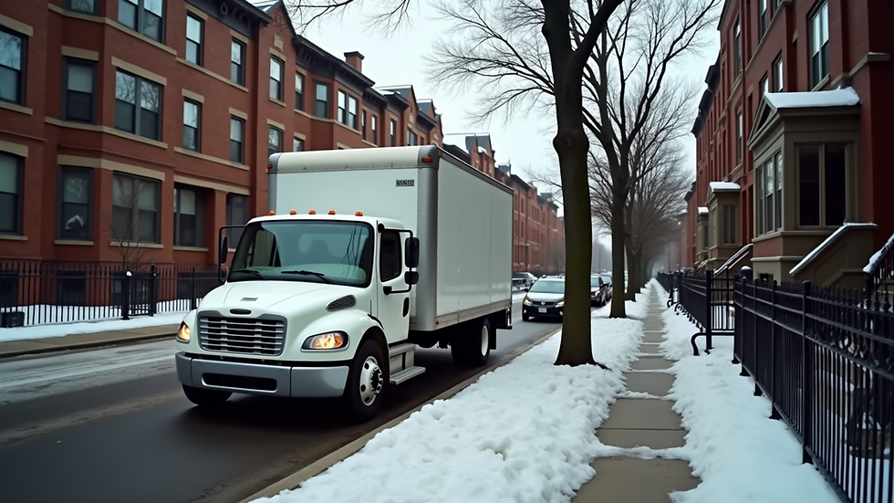 Eye-level view of a laundry service vehicle parked in a Chicago neighborhood
