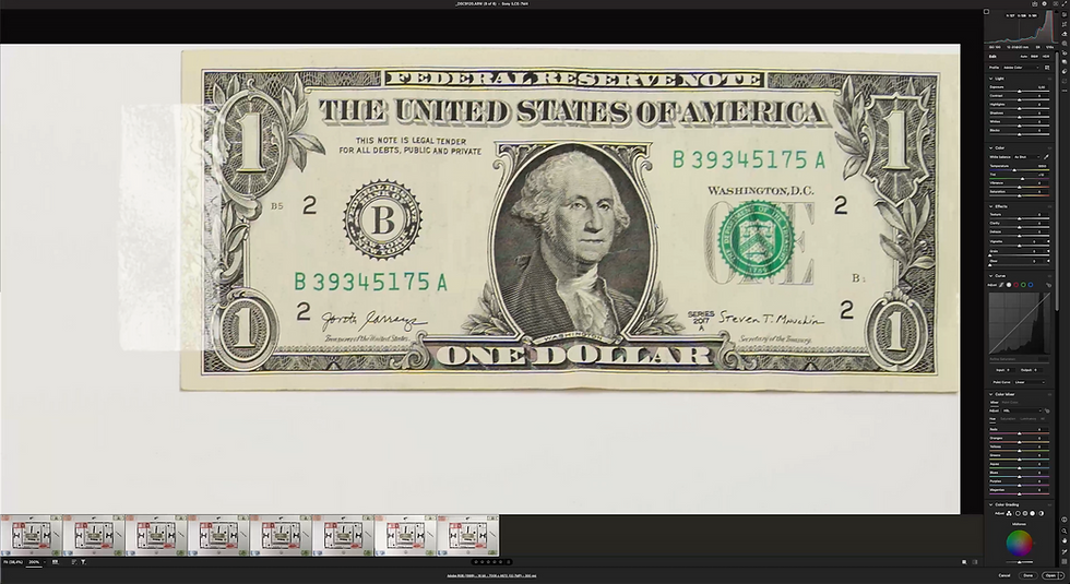 Dollar bill in the corner of the test chart at 20mm and F8.