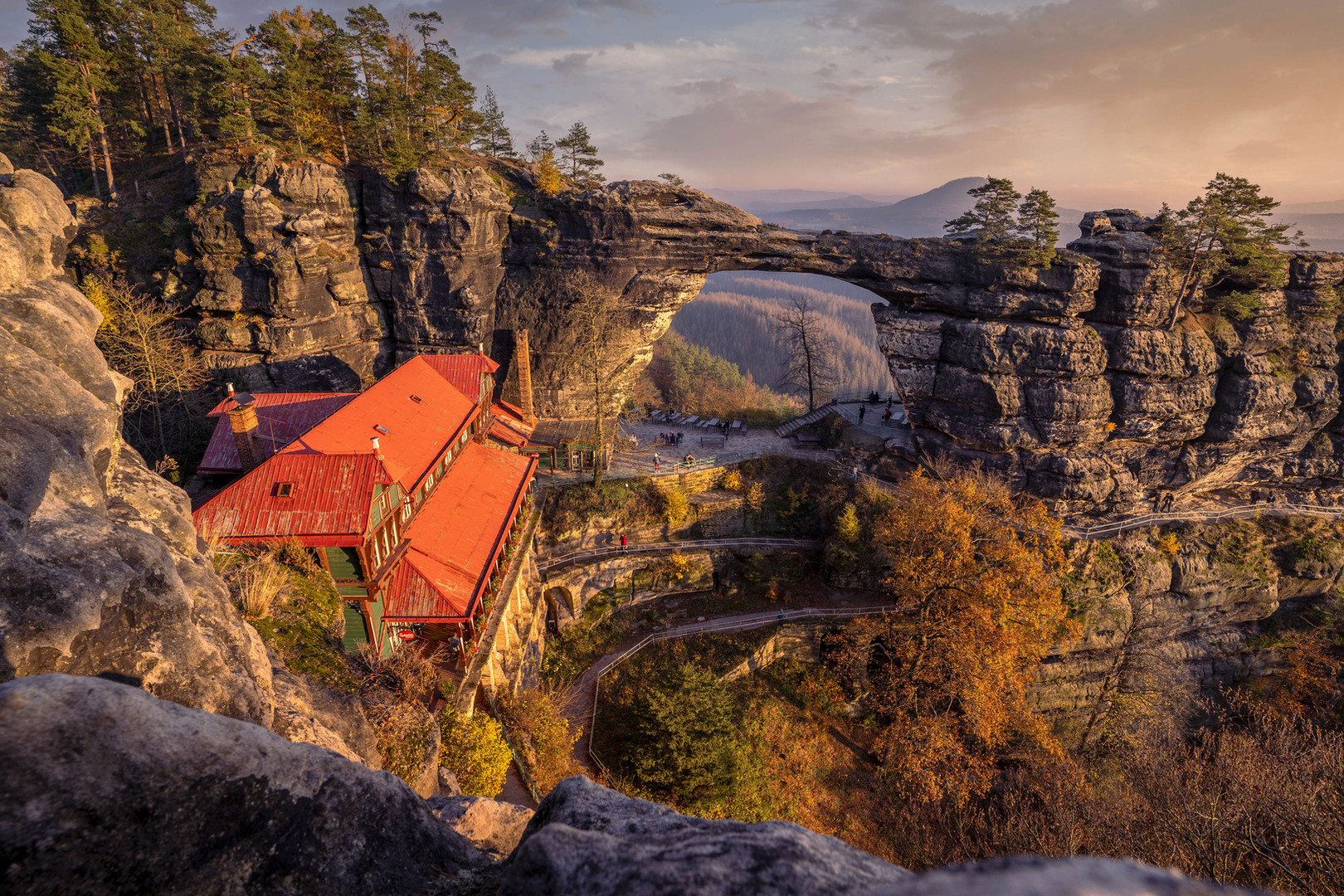 Autumn sunset over the Pravčická Gate in Bohemian Switzerland.