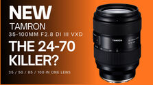 Product graphic of Tamron 35–100mm f/2.8 Di III VXD zoom lens for Sony mirrorless cameras promoting it as an alternative to a 24–70 lens with key portrait focal lengths.