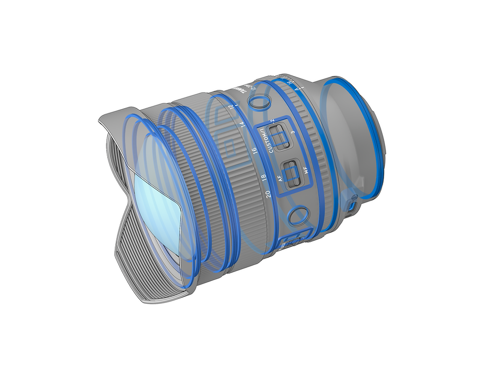 Transparent view of the Tamron 12–20mm F2.8 with sealing locations highlighted in blue.