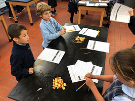 Students working on geometric shapes using apple slices.