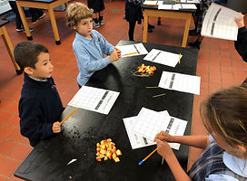 Students working on geometric shapes using apple slices.