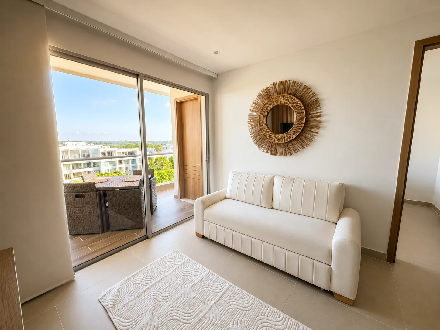 Sala con sofá claro junto al balcón del apartamento P45N en Baia Kristal.