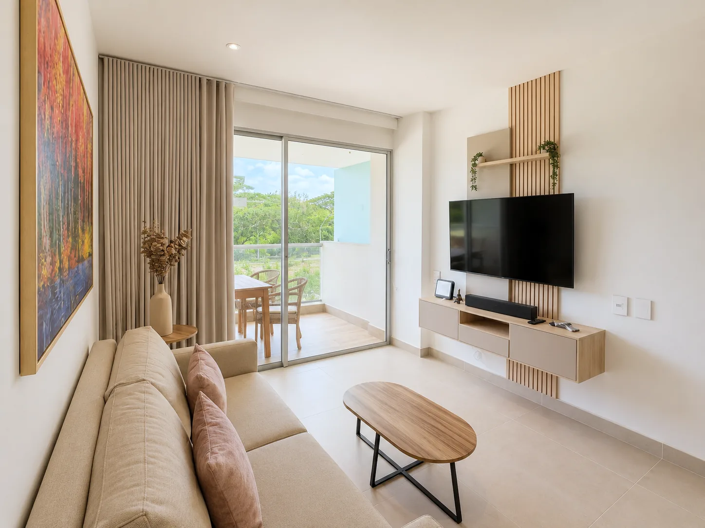 Sala con sofá claro y televisor del apartamento K32L en Baia Kristal.