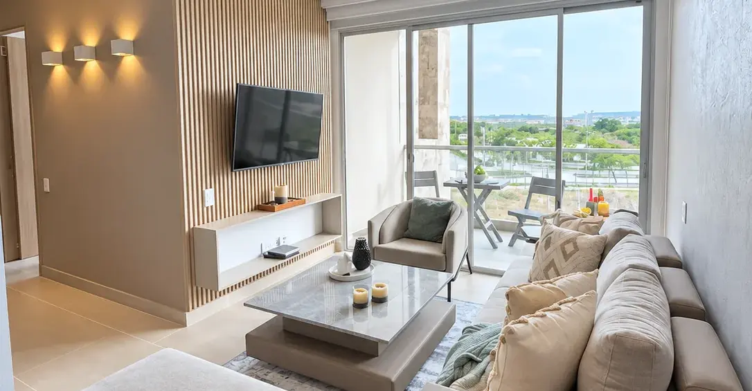 Sala con sofá y ventanal del apartamento P23N en Baia Kristal.