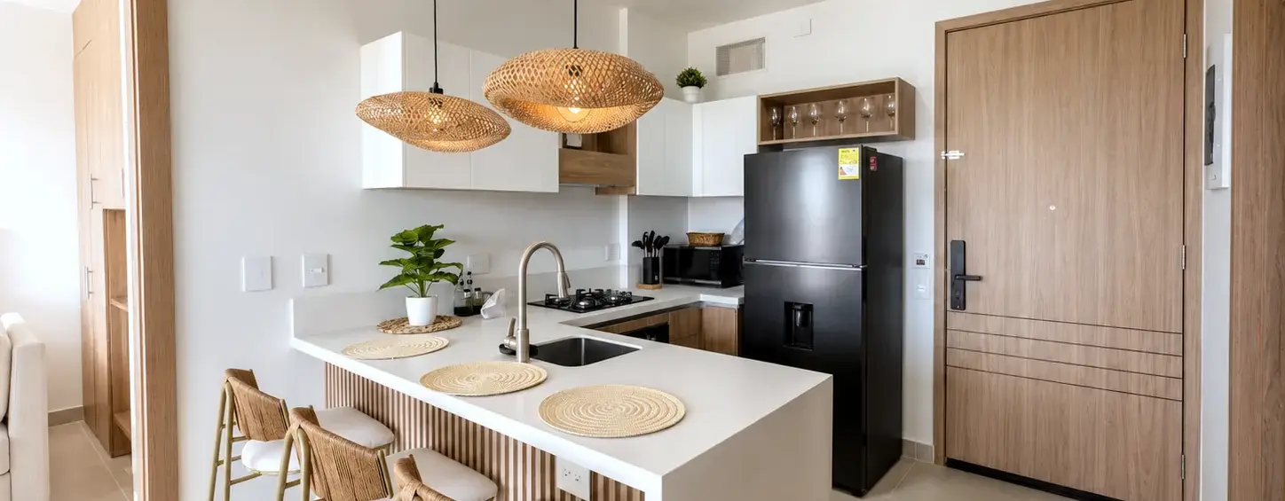 Cocina abierta con barra del apartamento P46B en Baia Kristal.