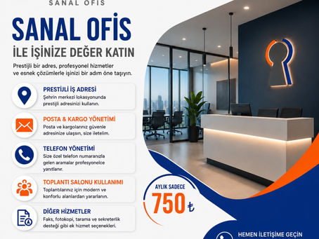 RealOffice Sanal Ofis hizmetleri ile prestijli iş adresi, telefon yönetimi, toplantı salonu ve profesyonel ofis çözümlerini anlatan tanıtım görseli.