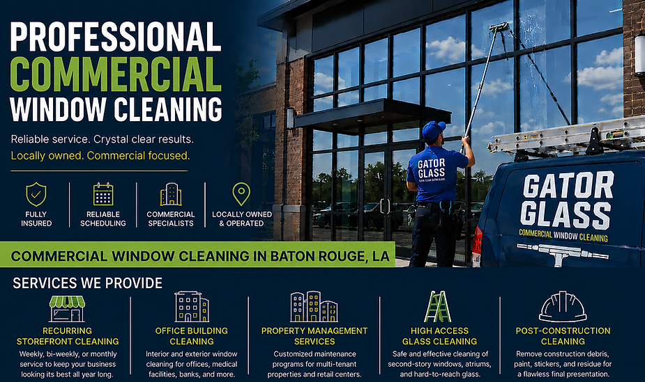 Commercial window cleaning technician cleaning storefront windows for Gator Glass in Baton Rouge, Louisana