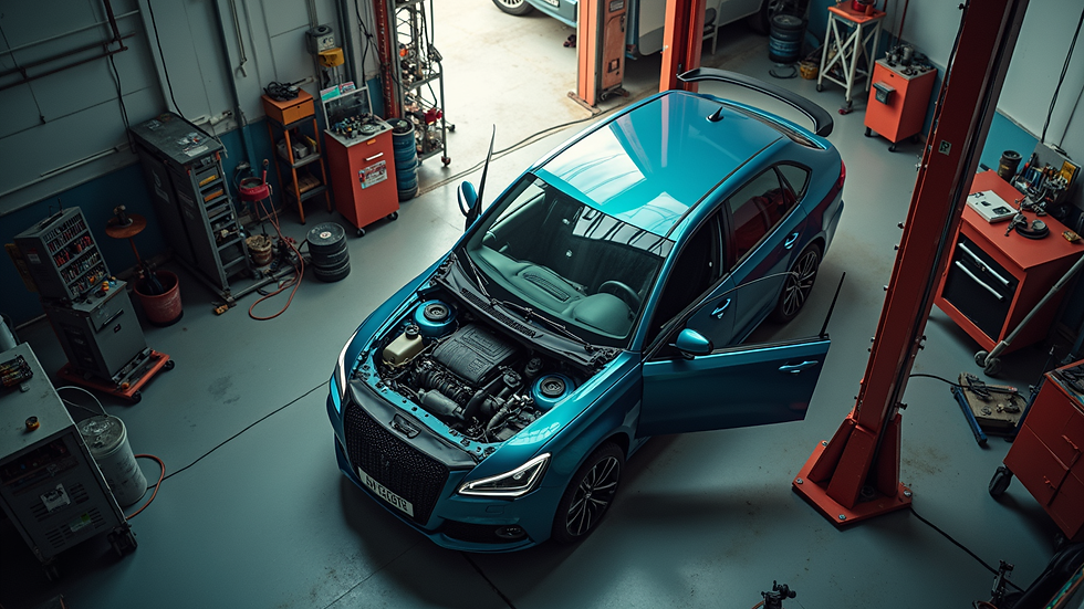 High angle view of a car being serviced in a garage with tools and mechanic