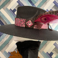Pink_brown tooled leather with pin peacock feather slider $55