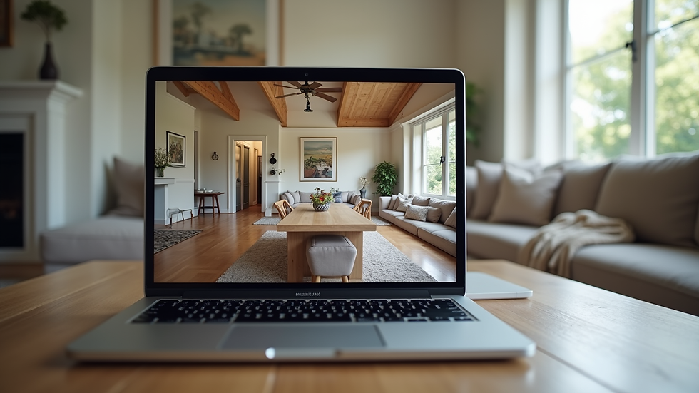 Close-up view of a laptop screen showing a virtual home tour of a Michigan house