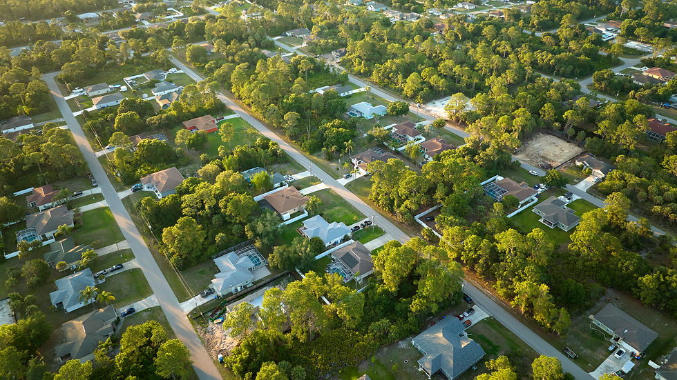 High angle view of a quiet suburban neighborhood with tree-lined streets and family homes