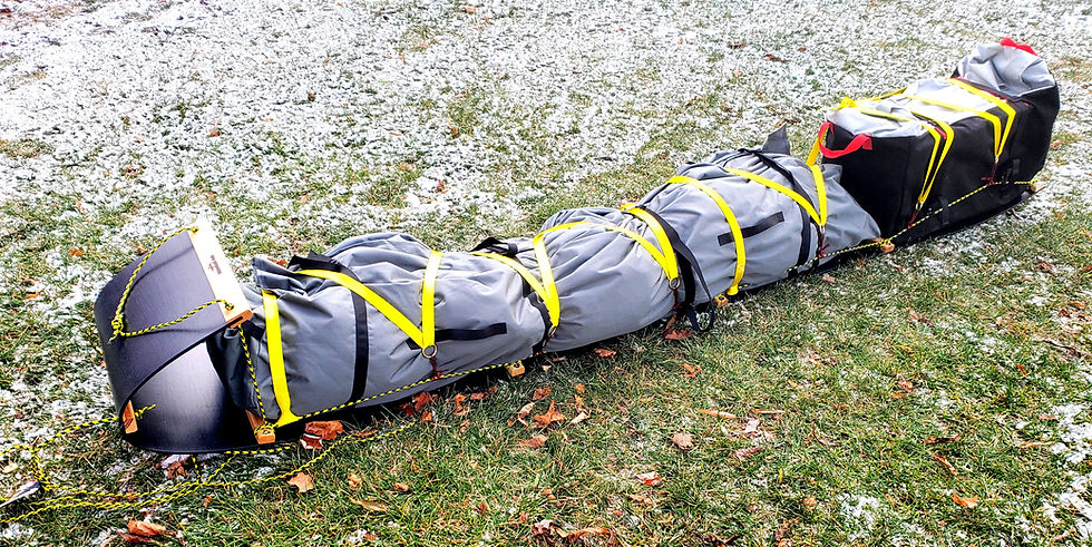 Thumbnail: NOW Outdoors UHMW expedition toboggan with a toboggan tank and stove bag.