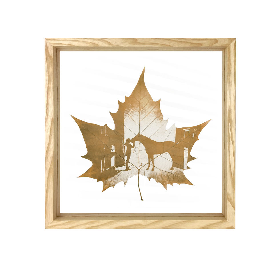 Thumbnail: A Girl And Her Horse Leaf Carving Art In Premium White Ash Frame