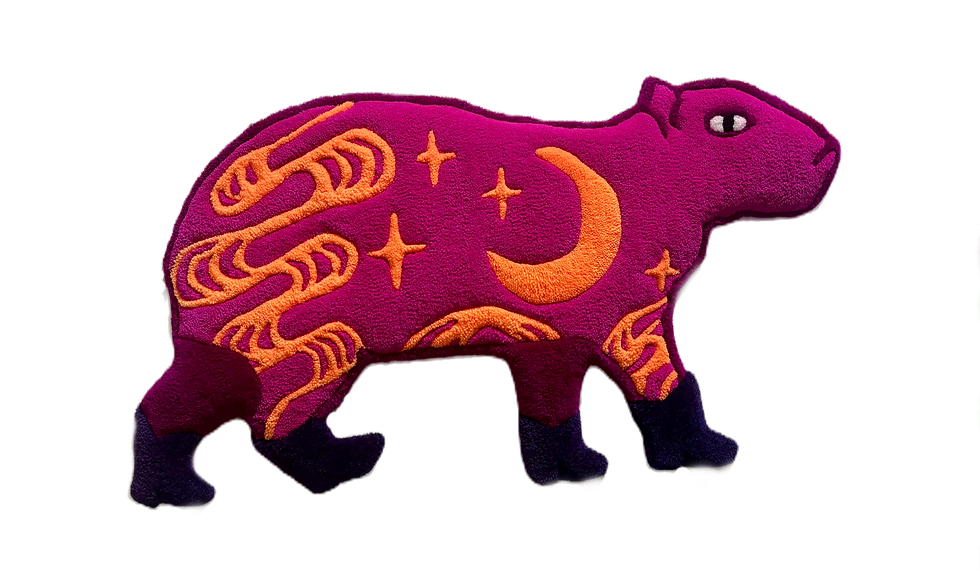 Tufted artwork of a purple capybara that has purple boots on. There are bright orange celestial motifs on the body of the capybara.