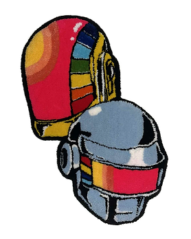 Tufted artwork of Daft Punk helmets.