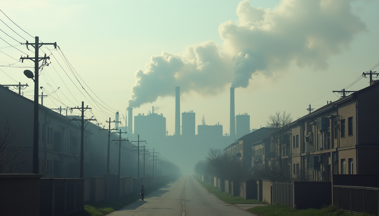 Eye-level view of a residential neighborhood with visible industrial factories emitting smoke in the background