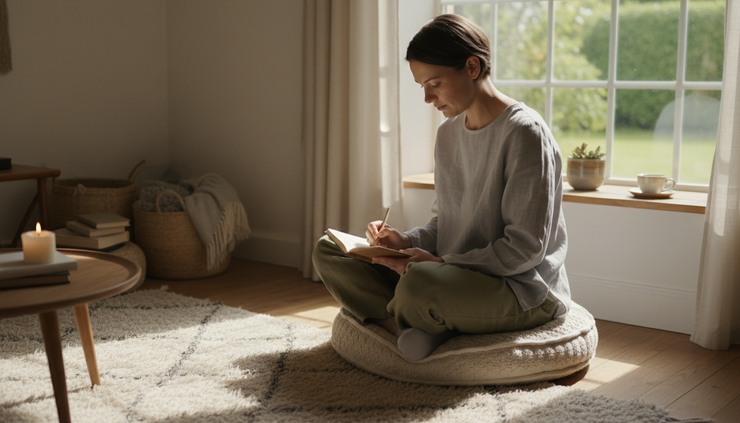 Eye-level view of a person sitting calmly beside a window with a notebook.