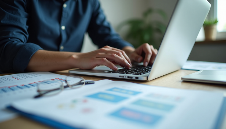 Eye-level view of a researcher analyzing data on a laptop with academic papers spread around